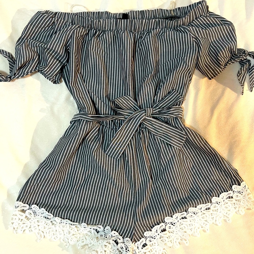 Gray and White Striped Off the Shoulder Romper